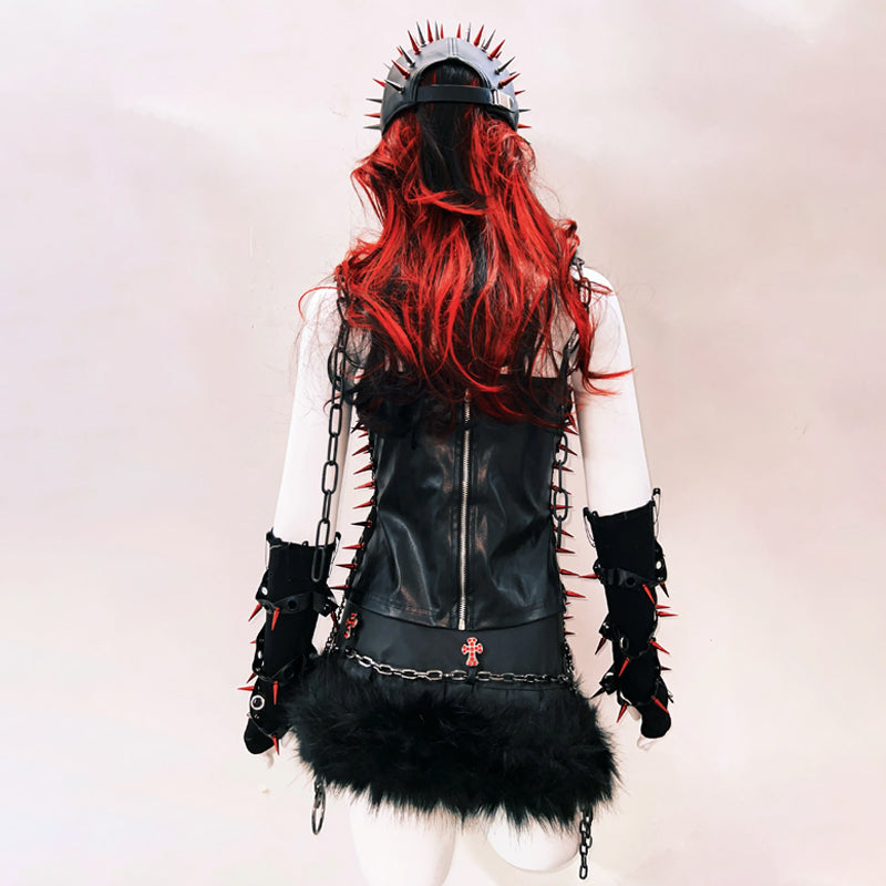 Metal chain lace up rivet applique zip-up top  | Festival Outfits Women