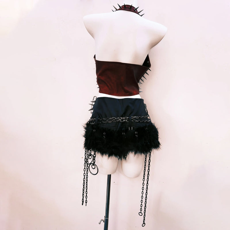 Halter rivet applique metal chain lace up top  | Festival Outfits Women