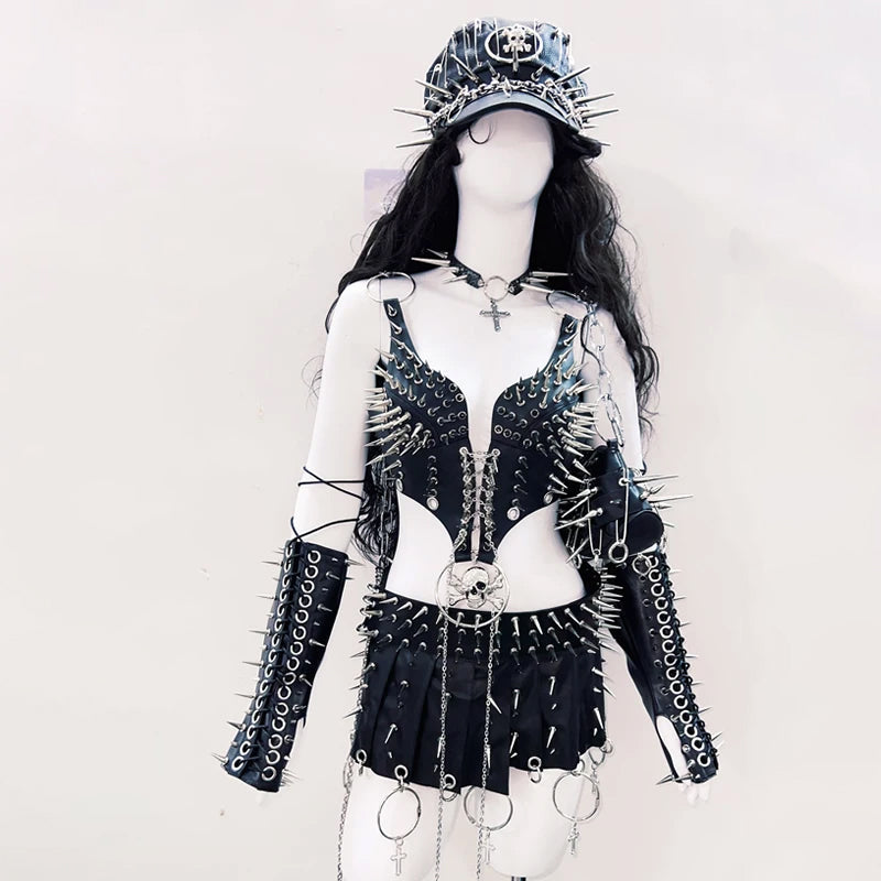 Lace up metal chain rivet applique PU leather top  | Festival Outfits Women