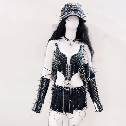 Lace up metal chain rivet applique PU leather top  | Festival Outfits Women