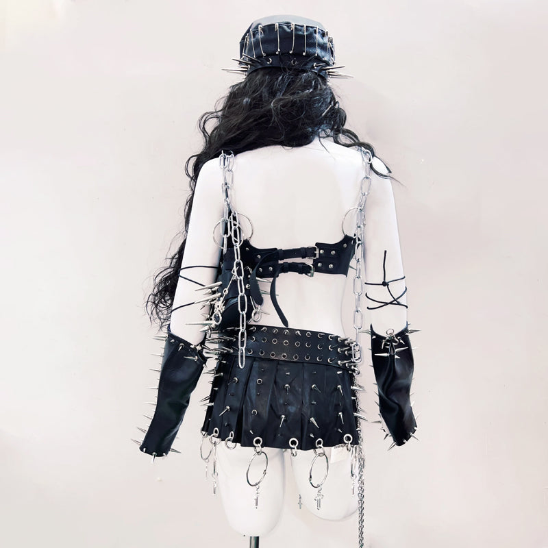 Lace up metal chain rivet applique PU leather top  | Festival Outfits Women