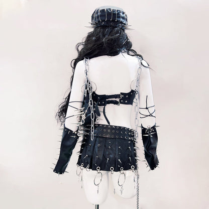 Lace up metal chain rivet applique PU leather top  | Festival Outfits Women