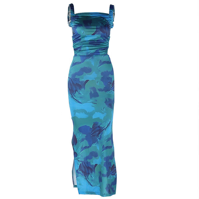 Square neck ruched print backless self tie cami maxi dress  | Festival Outfits Women