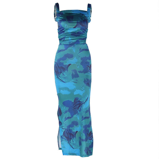 Square neck ruched print backless self tie cami maxi dress  | Festival Outfits Women