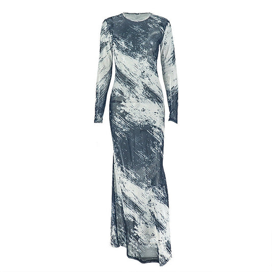 Long sleeve mesh crewneck contrast maxi dress  | Festival Outfits Women