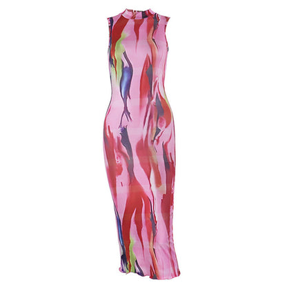 Sleeveless crewneck contrast print maxi dress  | Festival Outfits Women