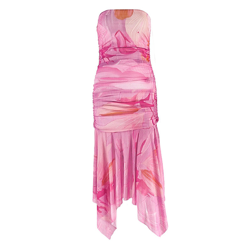 Irregular print mesh tube maxi dress  | Festival Outfits Women
