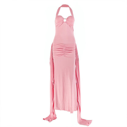 Halter ruched backless o ring maxi dress  | Festival Outfits Women