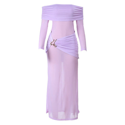 Off shoulder long sleeve ruched maxi dress  | Festival Outfits Women