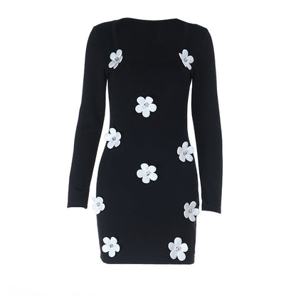 Long sleeve u neck flower applique mini dress  | Festival Outfits Women