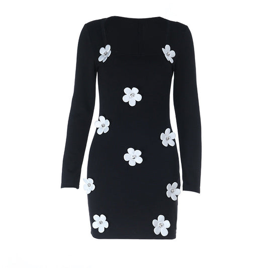Long sleeve u neck flower applique mini dress  | Festival Outfits Women
