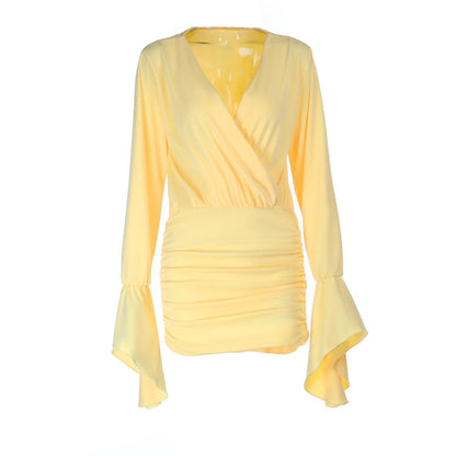 Long flared sleeve v neck ruched solid mini dress  | Festival Outfits Women
