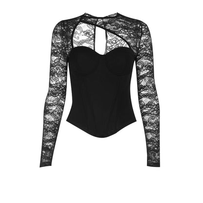 Crewneck long sleeve lace hollow out corset cut out top  | Festival Outfits Women