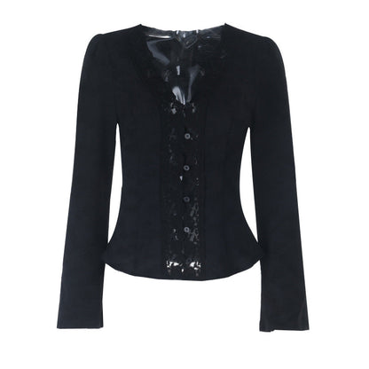V neck button long sleeve lace hem top  | Festival Outfits Women