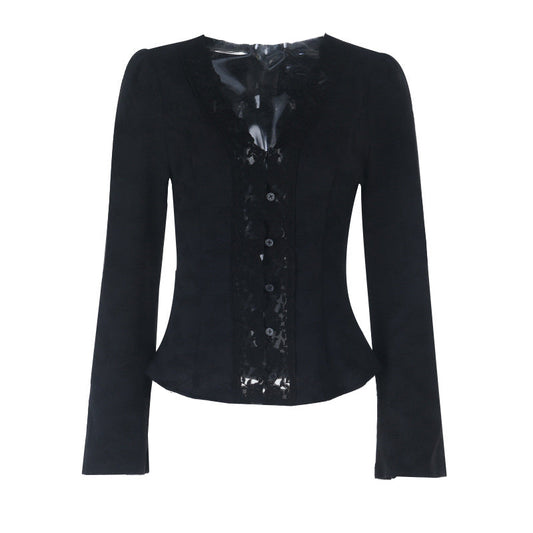V neck button long sleeve lace hem top  | Festival Outfits Women