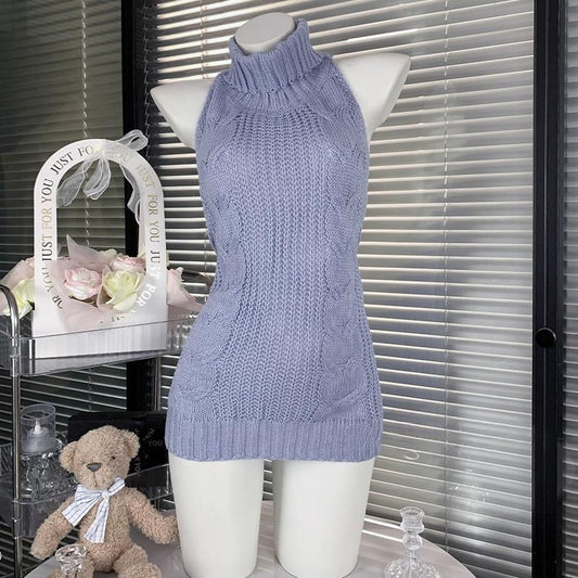 High neck halter self tie backless knitted mini dress  | Festival Outfits Women