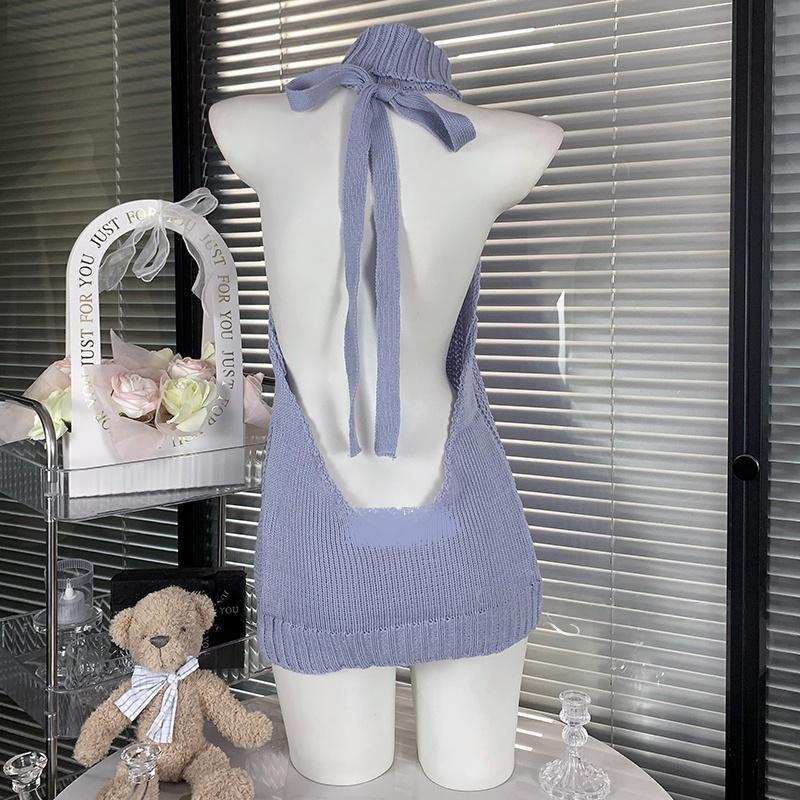 High neck halter self tie backless knitted mini dress  | Festival Outfits Women