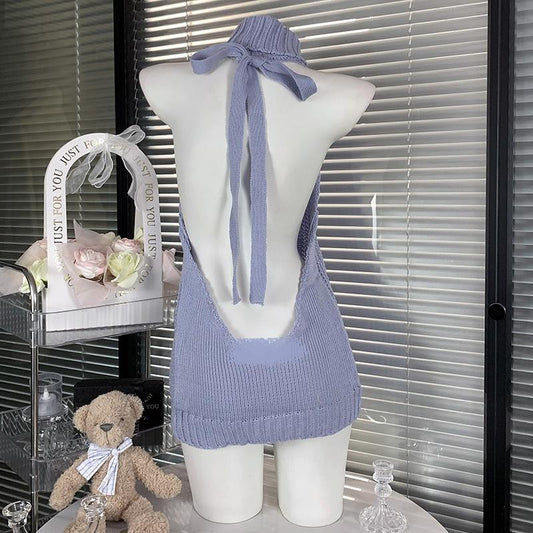 High neck halter self tie backless knitted mini dress  | Festival Outfits Women