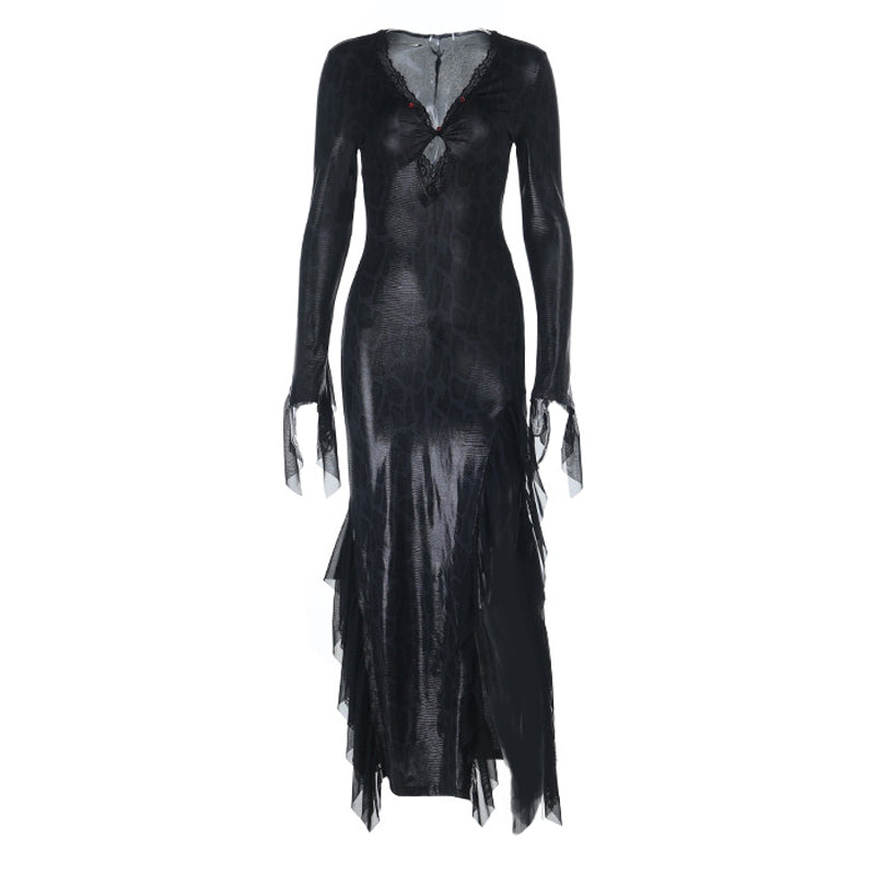 Long sleeve v neck lace hem snakeskin print maxi dress  | Festival Outfits Women