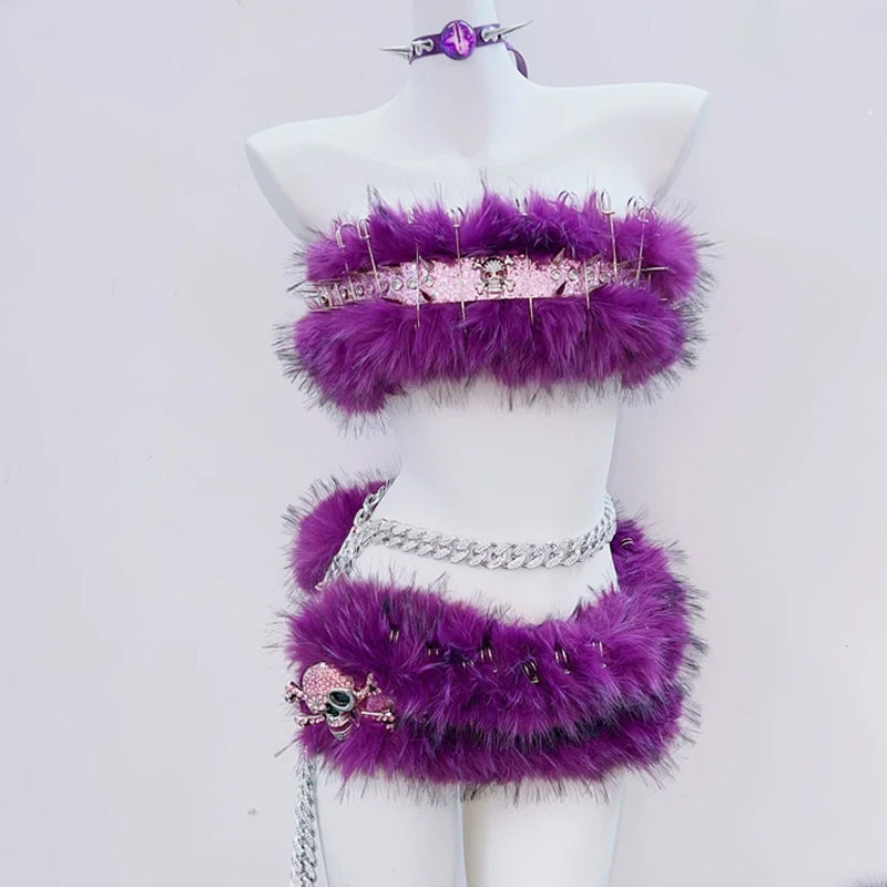 Fluffy skull applique tube mini skirt set  | Festival Outfits Women