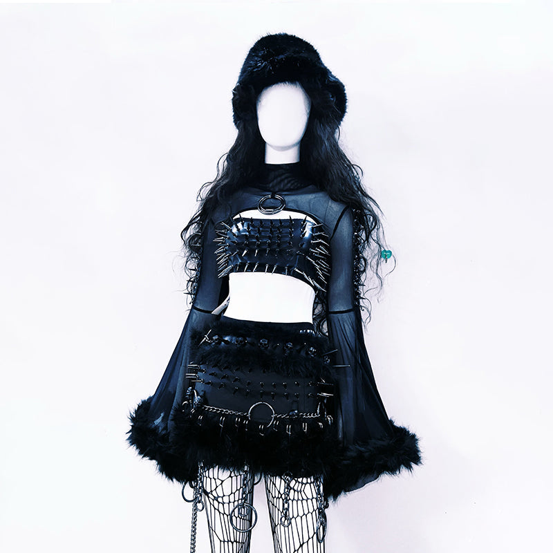 Long sleeve fluffy high neck rivet applique top  | Festival Outfits Women