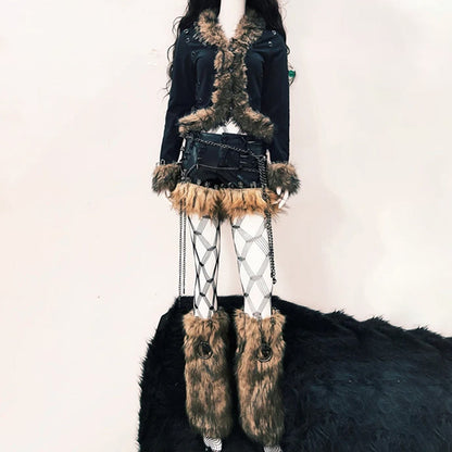 Fluffy long sleeve skull applique hollow out cut out top  | Festival Outfits Women