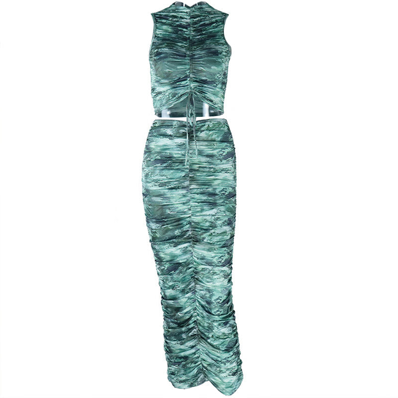 Drawstring ruched crewneck print midi skirt set  | Festival Outfits Women