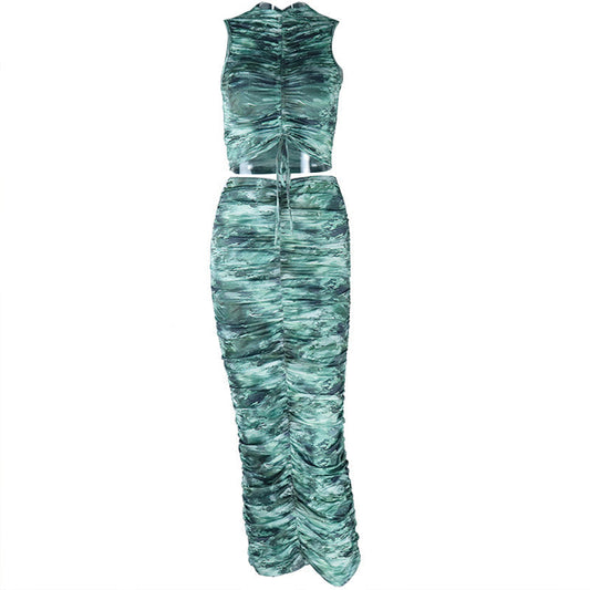 Drawstring ruched crewneck print midi skirt set  | Festival Outfits Women