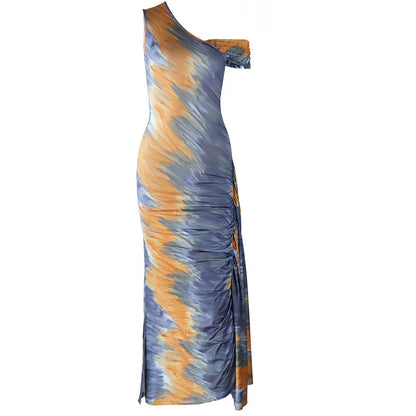 Ruched one shoulder print irregular maxi dress  | Festival Outfits Women