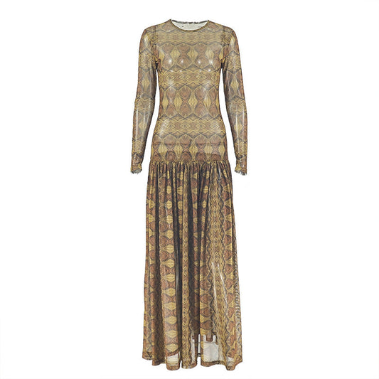 Mesh long sleeve crewneck print maxi dress  | Festival Outfits Women