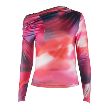 Long sleeve print irregular one shoulder top  | Festival Outfits Women
