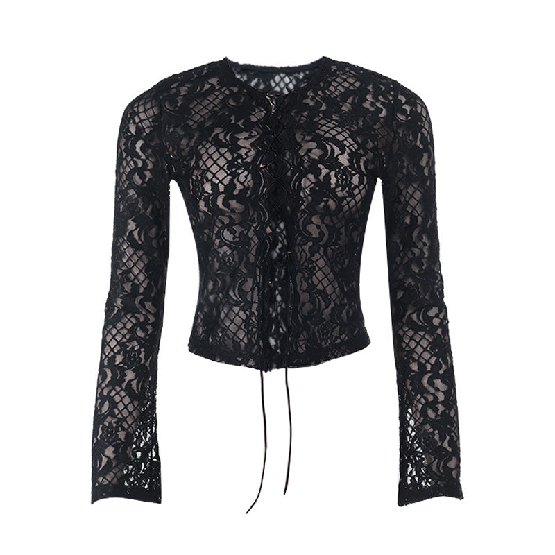 Long sleeve lace self tie solid crewneck top  | Festival Outfits Women