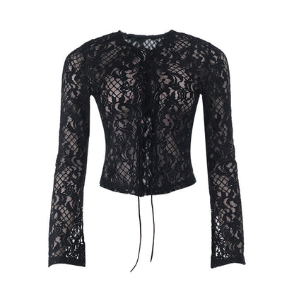 Long sleeve lace self tie solid crewneck top  | Festival Outfits Women