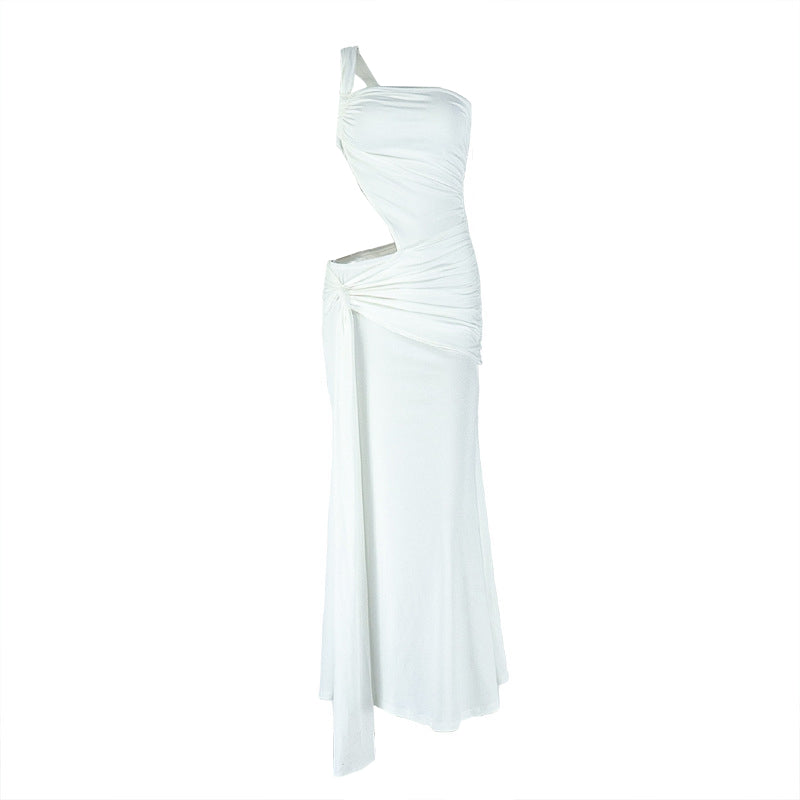 One shoulder irregular hollow out ruched cut out maxi dress  | Festival Outfits Women