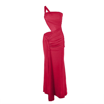 One shoulder irregular hollow out ruched cut out maxi dress  | Festival Outfits Women