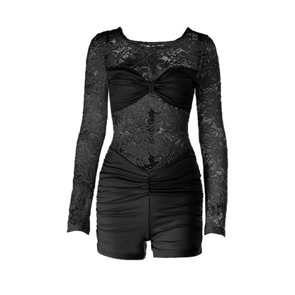 Lace long sleeve round neck ruched zip-up romper  | Festival Outfits Women