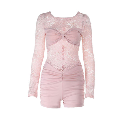 Lace long sleeve round neck ruched zip-up romper  | Festival Outfits Women