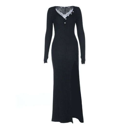 Long sleeve v neck lace hem slit maxi dress  | Festival Outfits Women
