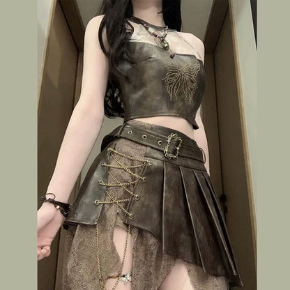 Metal chain pleated butterfly pattern irregular mini skirt set  | Festival Outfits Women