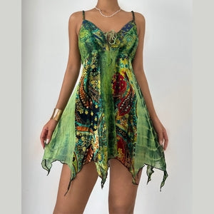 Self tie v neck print lace patchwork cami mini dress  | Festival Outfits Women