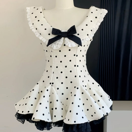 Polka dot lace hem bowknot ruffle mini dress  | Festival Outfits Women