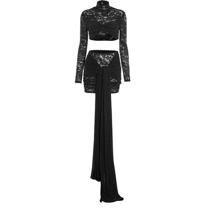 Long sleeve lace ruched high neck mini skirt set  | Festival Outfits Women