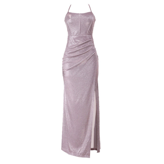 Cross back self tie ruched zip-up slit cami maxi dress  | Festival Outfits Women