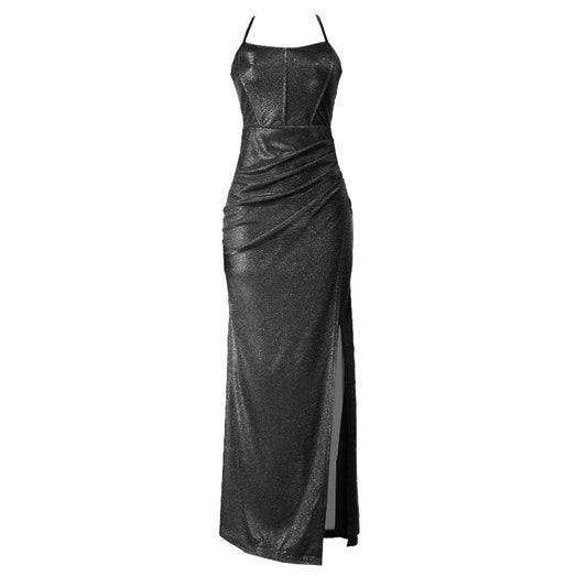 Cross back self tie ruched zip-up slit cami maxi dress  | Festival Outfits Women