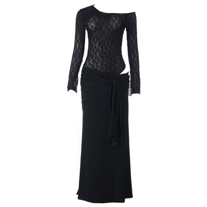 Ruched long sleeve lace hollow out cut out maxi dress  | Festival Outfits Women