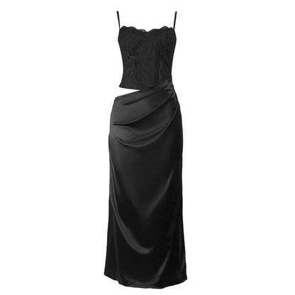Hollow out ruched satin slit cami cut out maxi dress  | Festival Outfits Women