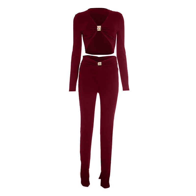 Long sleeve v neck ruched solid crop pant set  | Festival Outfits Women