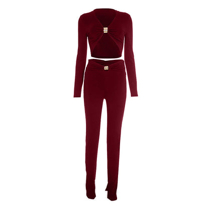 Long sleeve v neck ruched solid crop pant set  | Festival Outfits Women