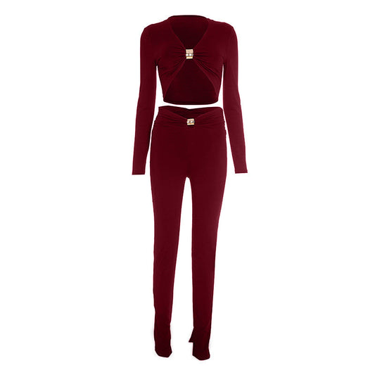 Long sleeve v neck ruched solid crop pant set  | Festival Outfits Women