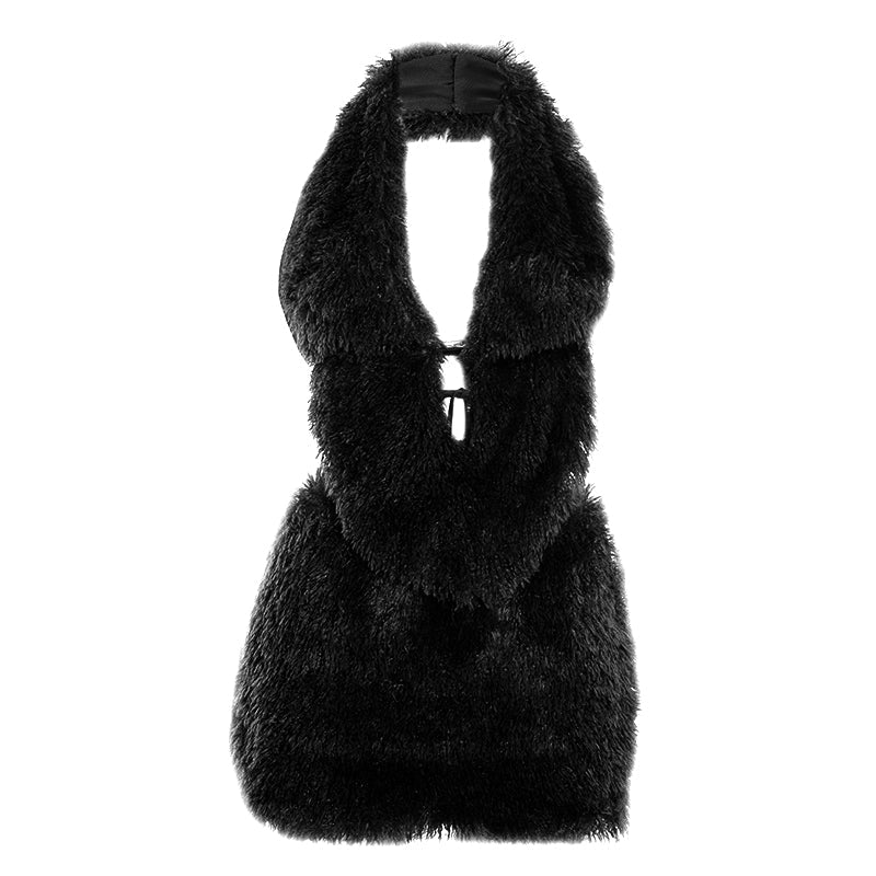 Fluffy halter self tie backless v neck mini skirt set  | Festival Outfits Women